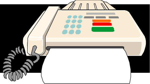 The illustration shows a beige telephone with buttons on its side placed next to an old fax machine that has paper coming out of it onto white tissue paper below.