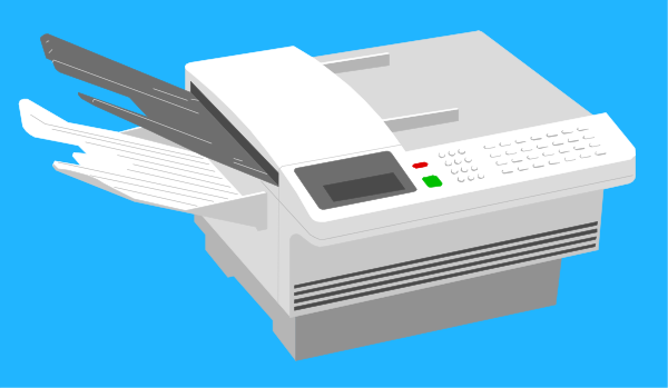 The image shows a printer with its lid open on top of an unseen surface against a blue background.