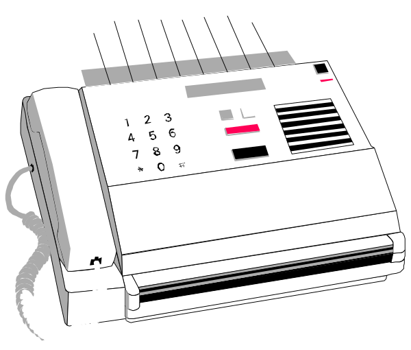 The image shows a black and white illustration of an office printer with buttons on its front panel next to it is a telephone handset connected by cord.