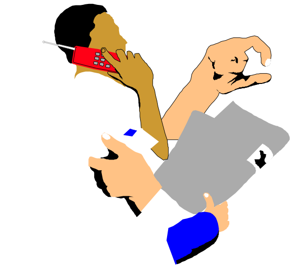 The illustration shows a group of hands holding various items such as papers, pens, calculators, phones, books, and other office supplies in what appears to be an abstract representation with no clear background details provided.