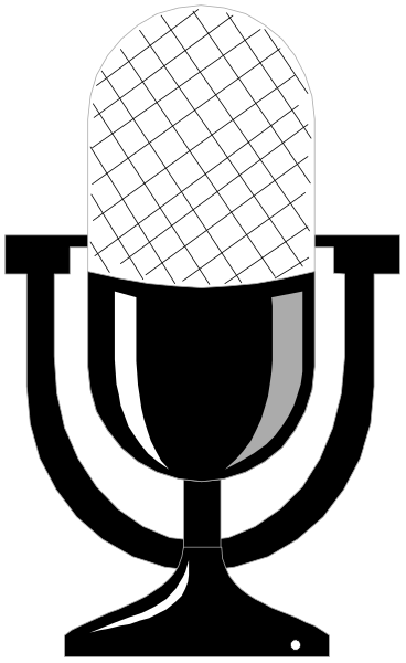 The image shows a black microphone with white foam on top inside an oval frame against a gray background.