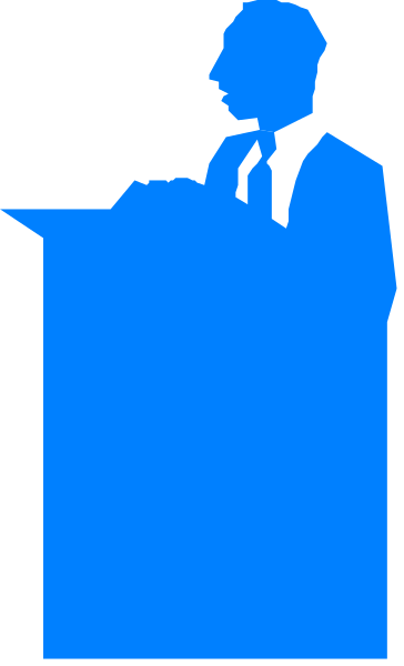 The image shows a blue silhouette of an adult male figure standing at a podium with his hands clasped together in front of him; he appears to be speaking into a microphone.