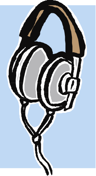 The image shows a pair of headphones with an attached microphone hanging from it against a blue background.
