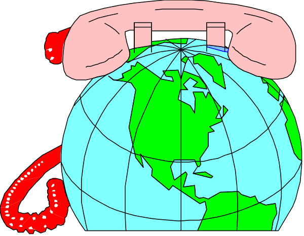 The image shows a cartoon depiction of an old rotary telephone with its receiver lifted up to show Earth on it as if viewed from space; there's no one in sight but you can see continents and oceans, along with some landmarks like mountains or cities that are not specified.