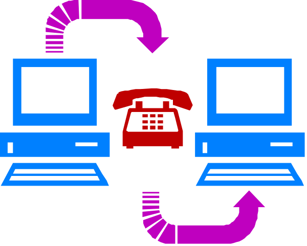 The image shows a stylized representation of two computer monitors connected by an arrow labeled "Call," with another monitor on each side showing different icons: one is red for phone call, while the other has arrows pointing to it from both sides and appears to be in use or processing information. There's also a small icon depicting a telephone handset next to the central monitors. The background of this image features two computer mice on either side with an arrow connecting them as well; one mouse is red, while the other has arrows pointing towards it from both sides