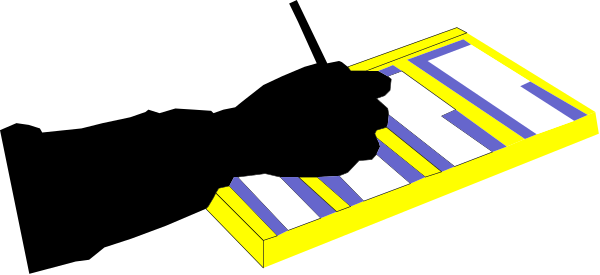 The image shows a yellow surfboard with blue stripes on it against a gray background.