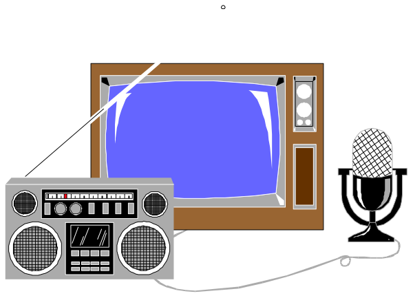 The image shows a collection of vintage electronic equipment including an old television set with antennae on top, two boomboxes (one is larger), microphones in front of them, speakers to their sides, and various other audio-related items such as cassette tapes or records, all arranged around the room.