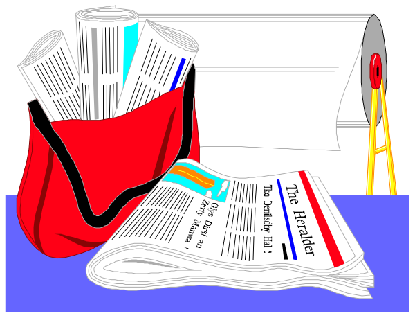 The illustration depicts a desk with various items on it: newspapers spread out across its surface; an open laptop computer displaying what appears to be news articles; two red bags containing more papers or documents; a pair of scissors lying next to one bag, suggesting they might have been used for cutting the paper. The setting is indoors and seems like someone's workspace dedicated to research or journalism activities.