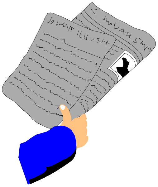 The image shows a hand holding two newspapers with text on them against a black background; there is no person present in this clip-art illustration.