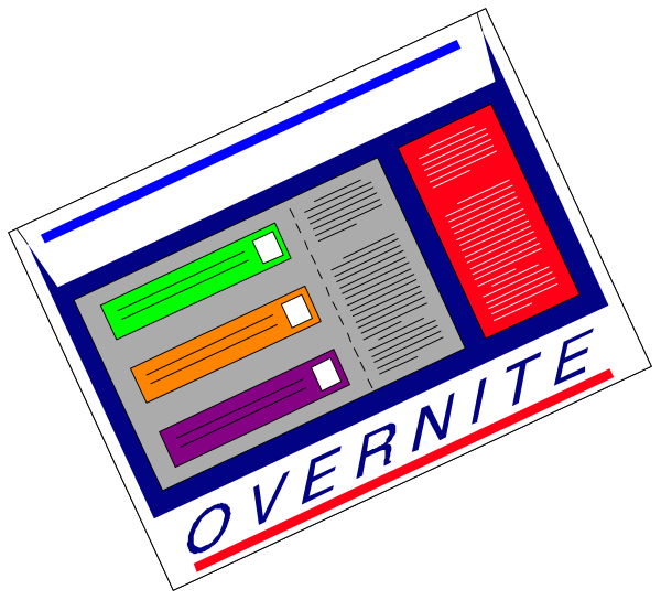 The image shows a black and white illustration of an open laptop with its screen displaying three colorful tabs labeled "OVERNITE," "DAYTIME," and "MIDDLE OF THE NIGHT."