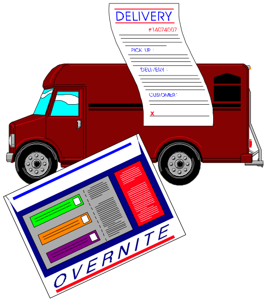 The illustration shows a red delivery truck with an open door on its side displaying "DELIVERY" written across it in white letters atop a paper sign that reads "10476 2358." Below this, there is text indicating various options such as 'CUSTOMER' and the word 'OVERNIGHT.' To the right of the truck image, an open laptop screen displays what appears to be a webpage with sections titled 'DELIVERY,' 'PICKUP,' 'DROP-OFF', and other related information. The style is
