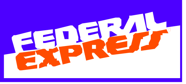 The image shows a logo with text that reads "FEDERAL EXPRESS" on it against an orange background at the bottom of what appears to be another graphic element in blue tones above it.
