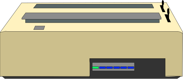 The image shows a beige printer with its front panel open to reveal internal components such as paper trays and control buttons on top of it against a dark background.
