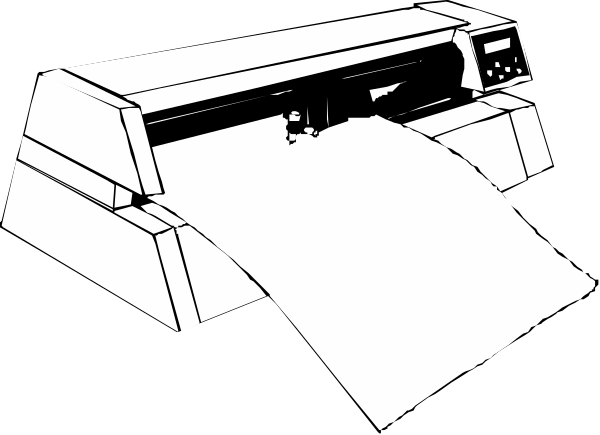 The black and white illustration shows a printer with paper coming out of it on its right side next to an open book lying flat in front of both items.