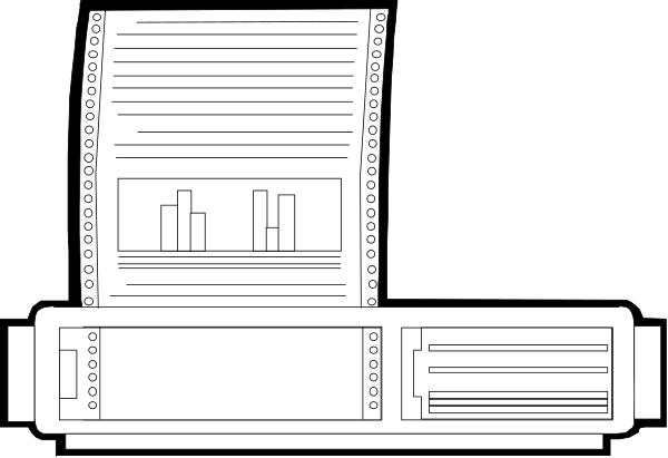 The black and white illustration shows a computer monitor displaying an open document with text on it next to what appears to be a printer in front of which there is paperwork being processed by some unseen entity, suggesting this could represent data processing or office work.