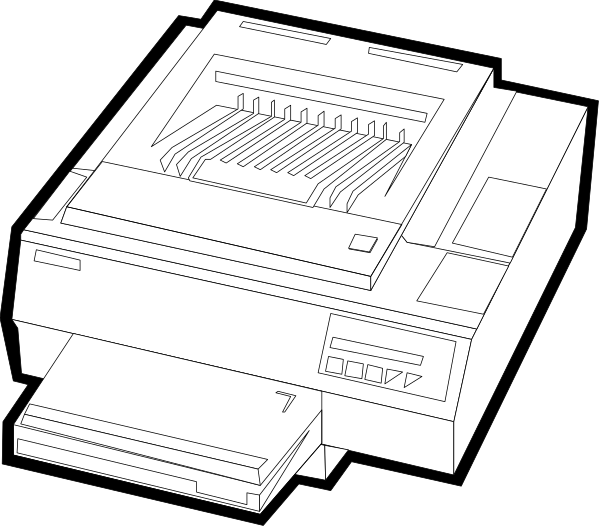 The black and white illustration shows a printer on top of another device that appears to be an old computer tower with floppy disk drives; both devices have open lids revealing internal components such as ribbons, rollers, and motors inside them.