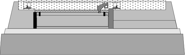 The image shows a gray pixelated representation of an indoor scene with multiple benches arranged along what appears to be two parallel walls forming a corridor-like structure; there is no text present in this small clip-art image, and it does not depict any people or animals.