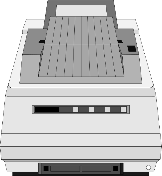 The image shows a black and white illustration of two different types of printers: on top is an older model with paper coming out from its front; below it is a modern printer that appears to be more compact, possibly for home use, without any visible output or controls.
