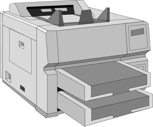 The image shows a black and white illustration of two photocopiers: an older model on top with its lid open revealing internal components such as rollers and scanner bed; below it is another machine, which appears to be more modern in design but without any visible branding or features that distinguish it from the first.