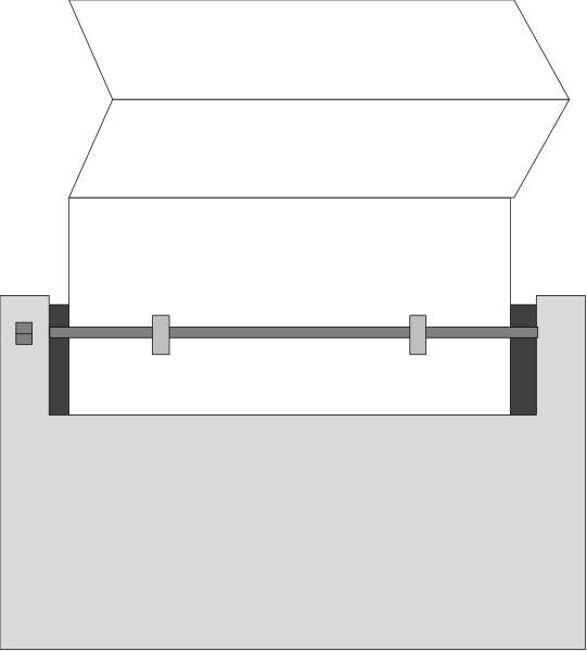 The image shows a simple black and white illustration of an open garage door with no visible contents inside it against a dark background.
