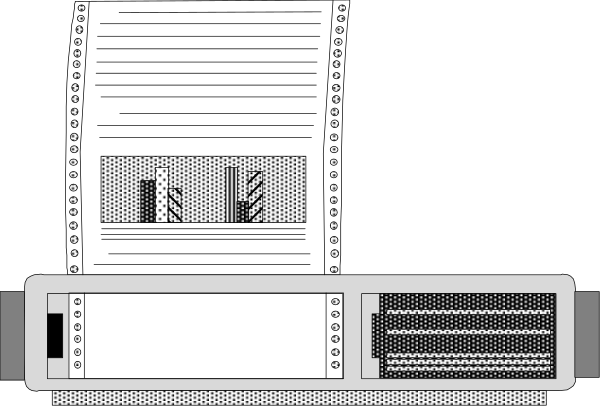 The black and white illustration shows a printer with paper coming out of it on top right corner against dark background.