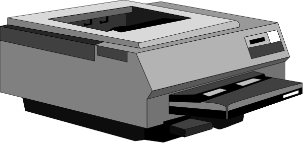 The image shows a black and white illustration of an old computer printer with paper inserted into it on its left side next to what appears to be another device that resembles a scanner or copier machine, both set against a dark background.