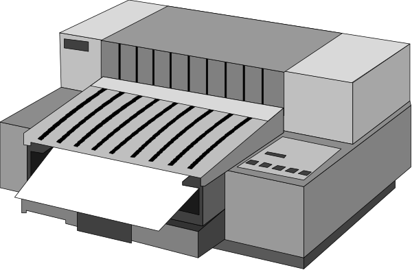 The image shows a black and white illustration of an industrial printer with paper coming out from its top right side.