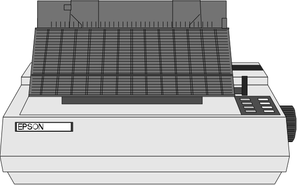 The image shows a black and white illustration of an office printer with paper on top next to what appears to be a computer keyboard in front of it.