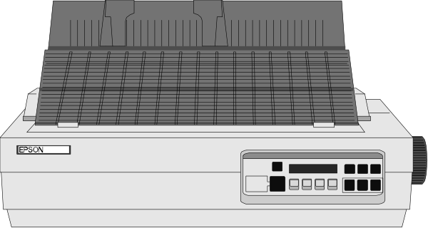 The image shows a computer printer with its control panel open on top of it against a dark background.