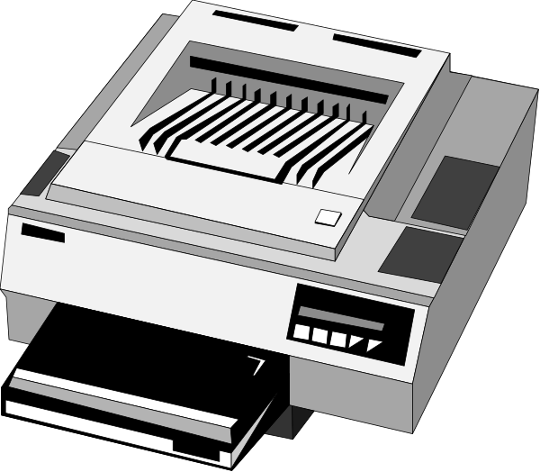 The black and white illustration shows two printers: a larger printer on top with an open lid revealing its internal components such as paper trays and rollers; below it is another smaller printer without any visible interior details, both set against a dark background that contrasts their lighter coloring.