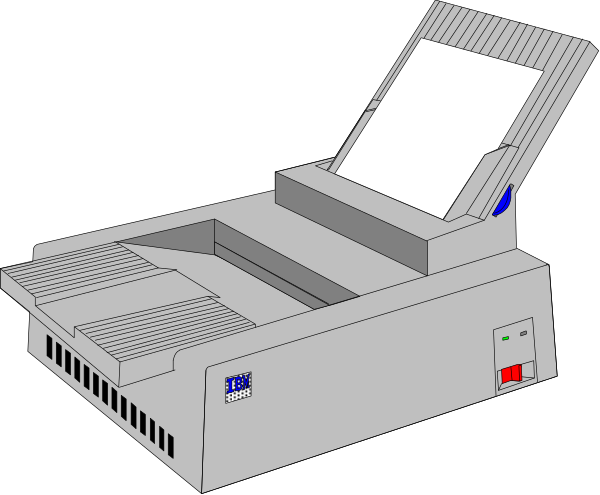 The image shows a computer printer with an open top on its side, revealing internal components such as paper trays and rollers.
