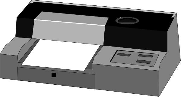 The black and white photo shows a printer with paper coming out of it on top of what appears to be an office desk in front of two monitors displaying different images; one monitor is showing another image within itself, while the other has text that reads "1985."