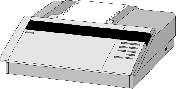 The black and white illustration shows a printer on its side with paper coming out of it next to an ink cartridge that is open at one end; there's also another closed ink cartridge beside them, suggesting maintenance or replacement activity in progress for this office equipment item.