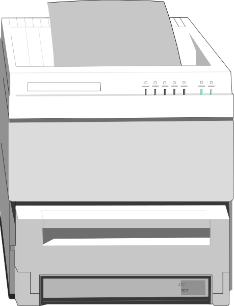 The image shows a printer with an open paper tray on top of it against a white background.
