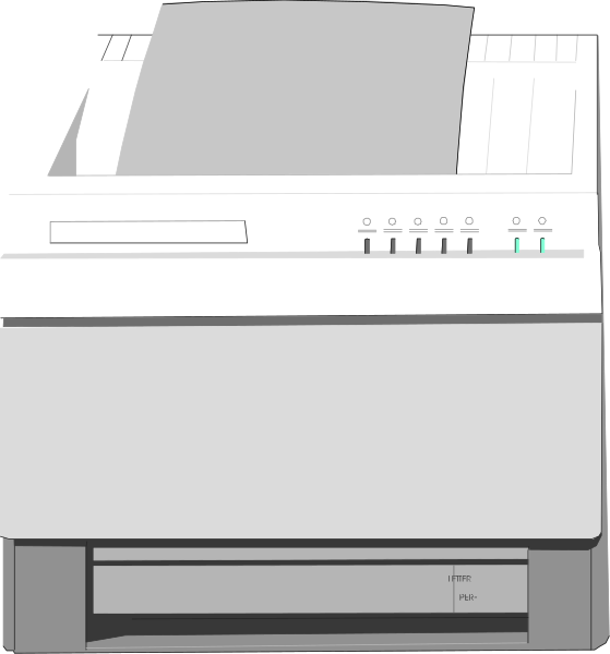 The image shows a printer with paper inserted into it on top of an office desk next to what appears to be another device that could possibly be a scanner or copier machine in front of which there is some text, but I cannot read any specific words due to resolution limitations.