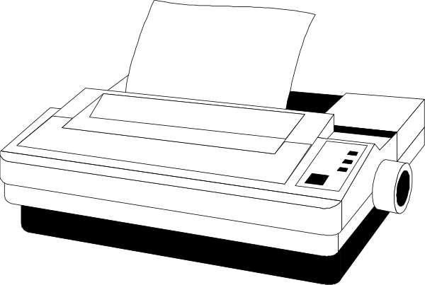 The black and white illustration shows a printer with paper on top of it next to an open booklet lying flat beside each other against a dark background.