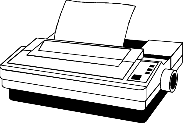 The black and white illustration shows a printer with paper on top of it next to an open booklet that appears blank; there is also another smaller image within this one showing what looks like a typewriter in front of two books, suggesting a workspace setting.