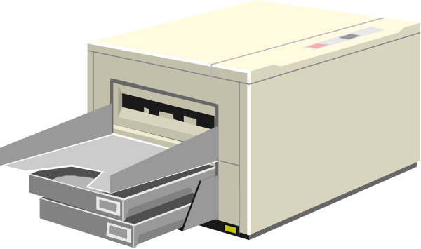 The image shows a printer with its paper tray open on top of it.