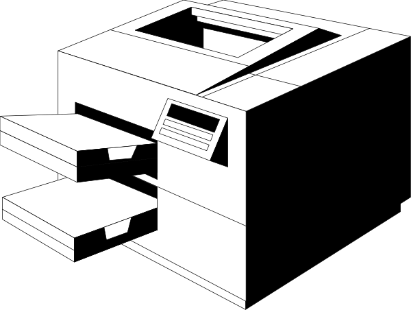 The black and white illustration shows a printer with paper coming out of it on top of what appears to be an office desk in front of which is another piece of equipment that resembles a scanner or copier machine, both set against a dark background.