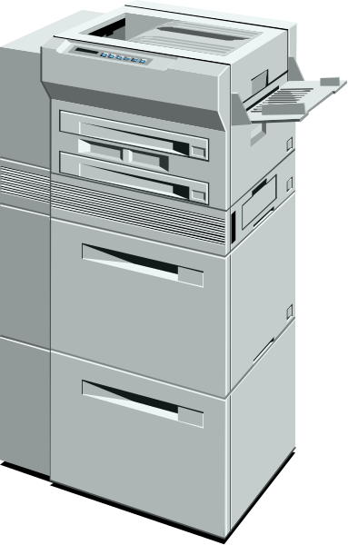 The image shows a computer printer with multiple trays for paper output on top of it.