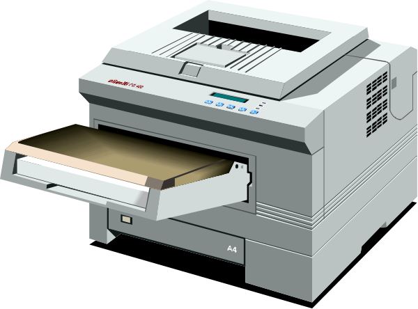 The image shows a printer with an open top revealing its internal components such as toner cartridges on rollers ready for printing.