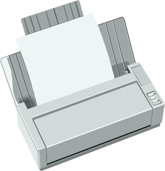 The image shows a printer with paper inserted into it on its right side, indicating that printing is taking place; to the left of this scene there's an open booklet lying flat next to what appears to be another device resembling a scanner or copier machine.