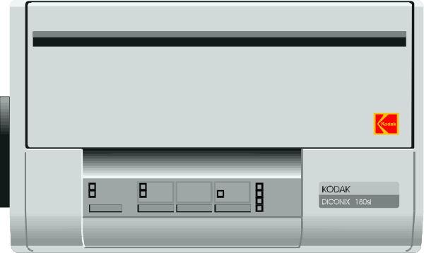 The image shows a gray printer with its front panel open to reveal internal components such as paper trays and control buttons; it is branded "Kodak" on both sides of the machine.
