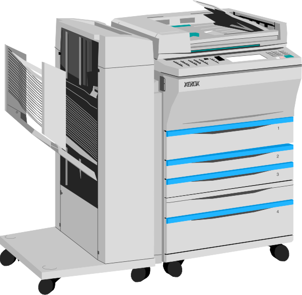 The image shows a digital rendering of an office environment with two printers: on the left is a smaller printer modeled after a desktop inkjet machine; in front of it stands another larger one that resembles a professional laser printing device, both set against a plain background and placed side by side.