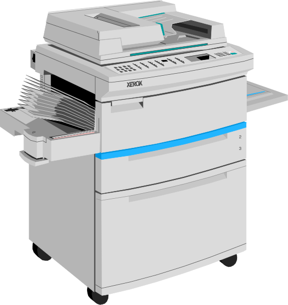 The image shows a digital rendering of an office environment with two printers: on the left is a smaller printer labeled "Xerox," while to its right stands a larger one that says "Konica Minolta." Both machines have paper trays and control panels, suggesting they are capable of printing documents.