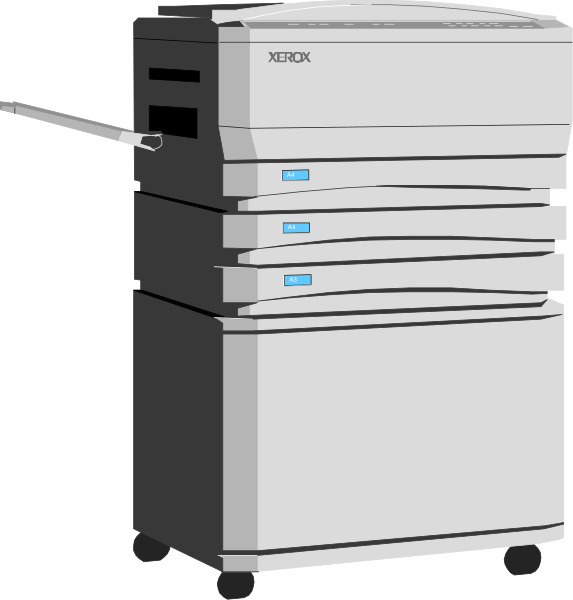 The image shows a white Xerox printer with blue lights on its front panel placed next to another similar machine that is turned off.