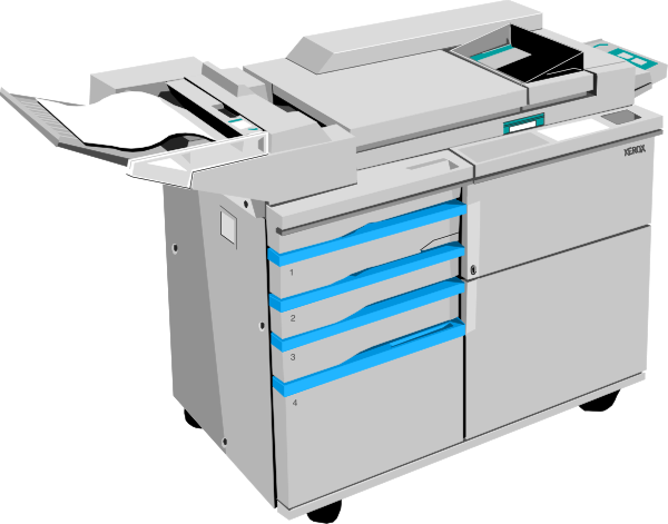 The image shows a printer with an open top revealing its internal components such as toner cartridges and paper trays inside what appears to be a modern office environment.