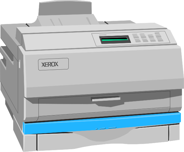 The image shows a printer with two paper trays on top of it; there is no text present within this clip-art illustration.
