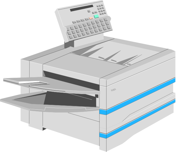 The image shows a printer with an open top on it next to a calculator that has numbers displayed across its screen.