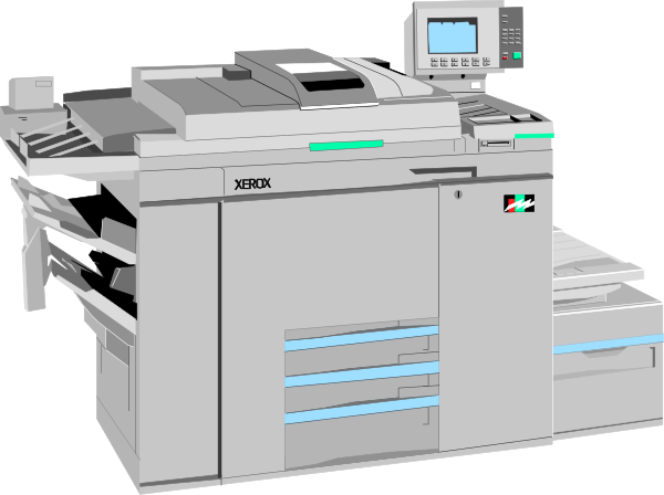 The image shows a modern office space with two large printers side by side on what appears to be an industrial flooring; one printer is white while the other has black accents around its base.